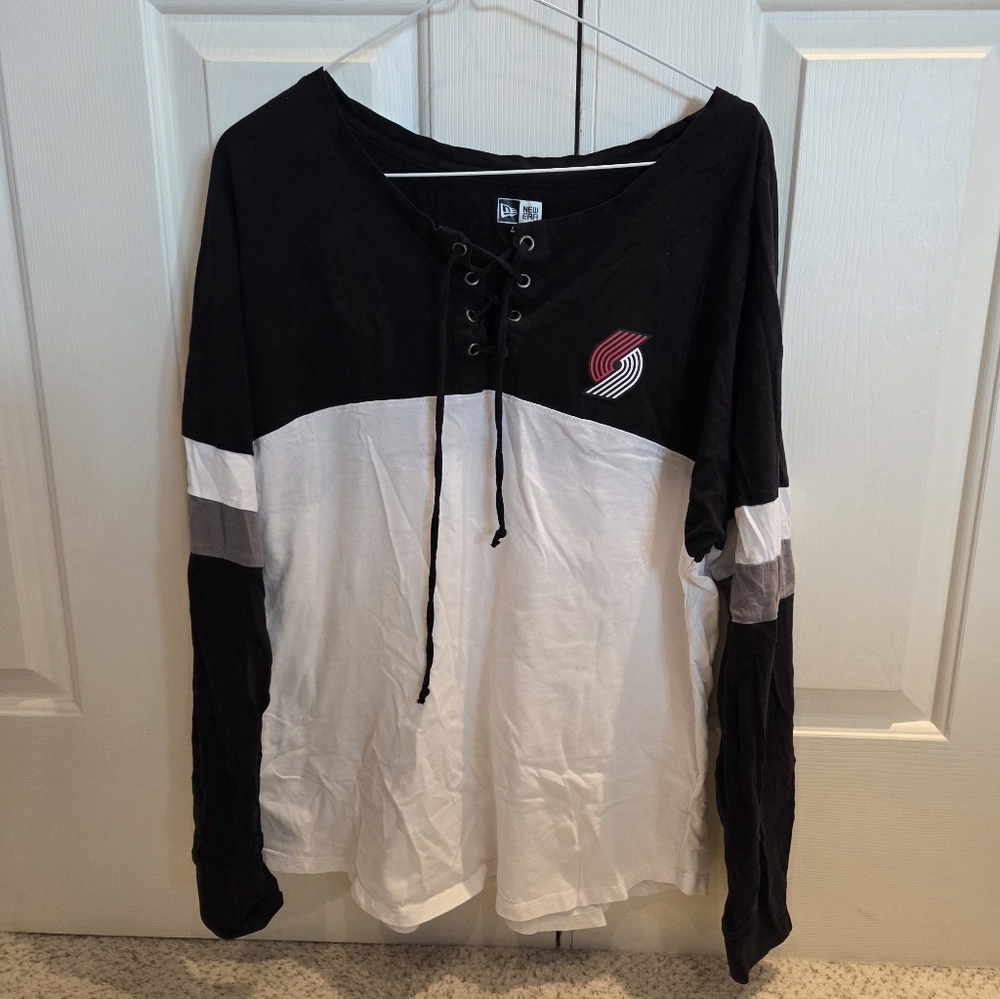 Portland Trailblazer Fan!! Black and White Lace-Up Long Sleeve Shirt